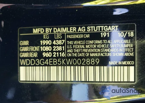 2019 Mercedes-Benz A 220 from USA, damaged, VIN WDD3G4EB5KW002889